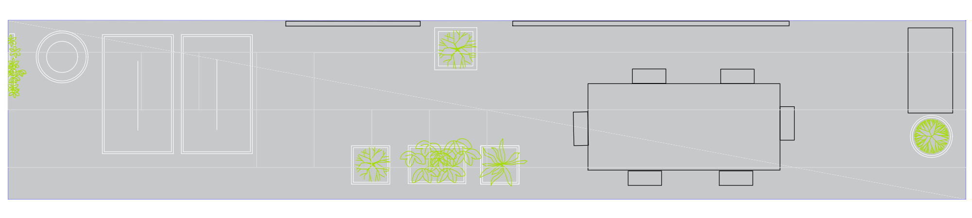 Vue en plan d'une terrasse ensoleillée, avec jardinières sur mesure et compositions végétales